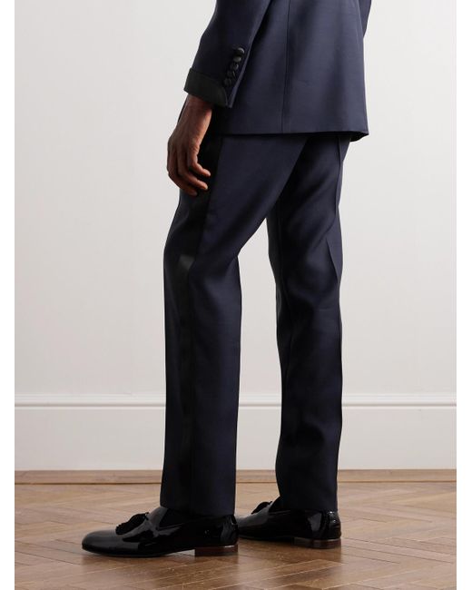Tom Ford Blue Straight-leg Wool And Silk-blend Tuxedo Trousers for men