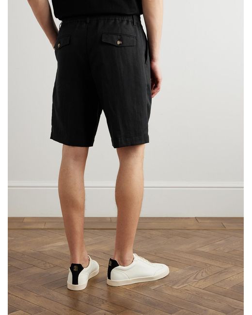 Brunello Cucinelli Black Straight-leg Pleated Linen And Cotton-blend Twill Bermuda Shorts for men