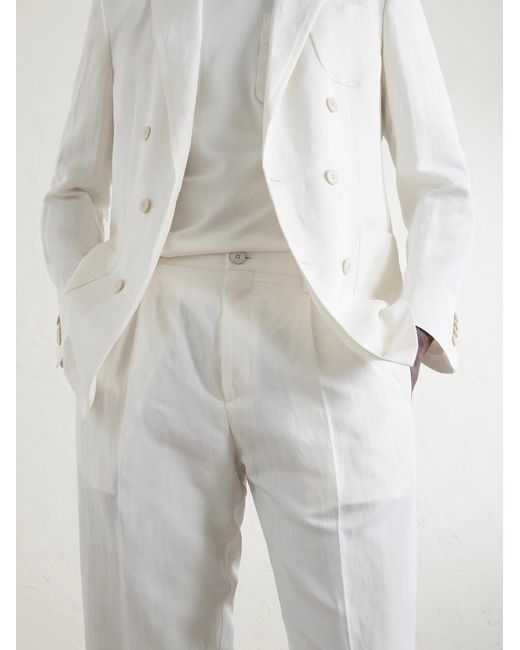 Canali White Mamhood Straight-Leg Pleated Linen And Silk-Blend Trousers for men