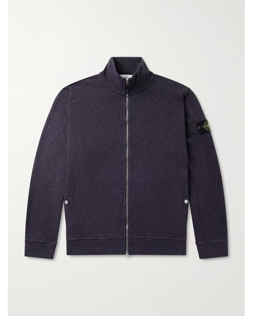 Stone Island Blue Logo-Appliquéd Cotton Zip-Up Sweatshirt for men