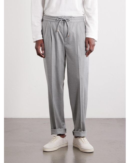 Brunello Cucinelli Gray Tapered Pleated Virgin Wool-Flannel Drawstring Trousers for men