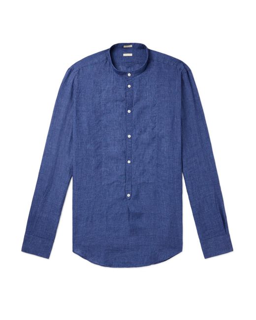 Massimo Alba Blue Kos Grandad-collar Linen Half-placket Shirt for men