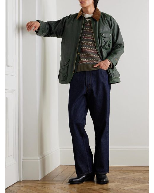 Drake's Green Corduroy-Trimmed Waxed-Cotton Jacket for men