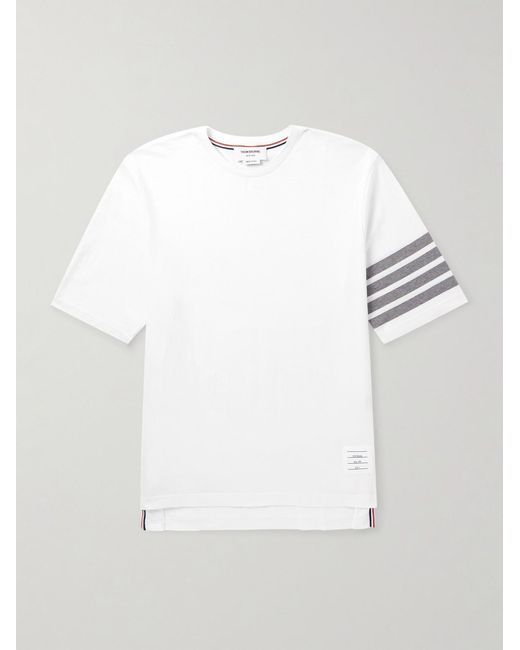 Thom Browne White Logo-Appliquéd Striped Cotton-Jersey T-Shirt for men