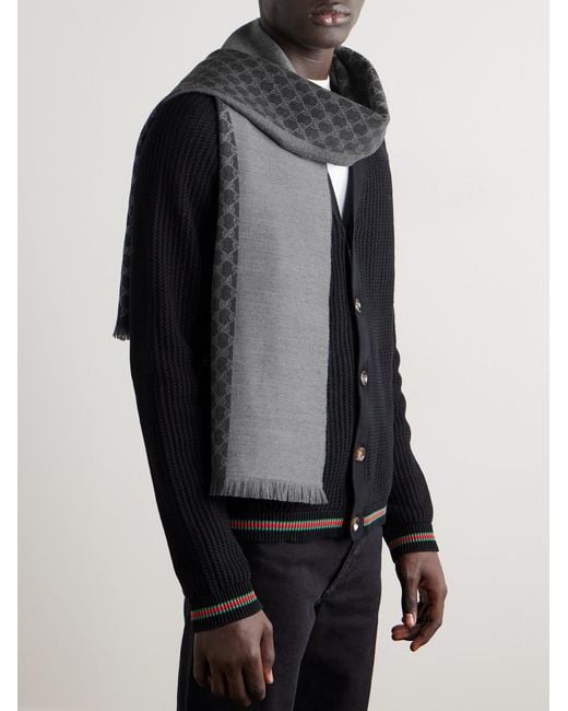 Gucci Gray Alfie Frayed Logo-Jacquard Wool Scarf for men