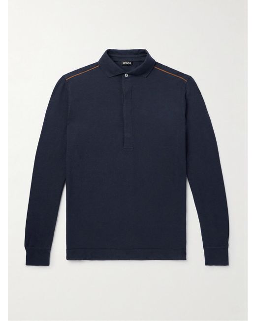 Zegna Blue Leather-trimmed Cotton-piqué Polo Shirt for men