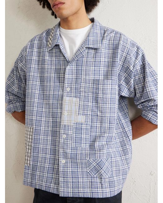 STORY mfg. Blue Greetings Camp-collar Patchwork Checked Organic Cotton Shirt for men