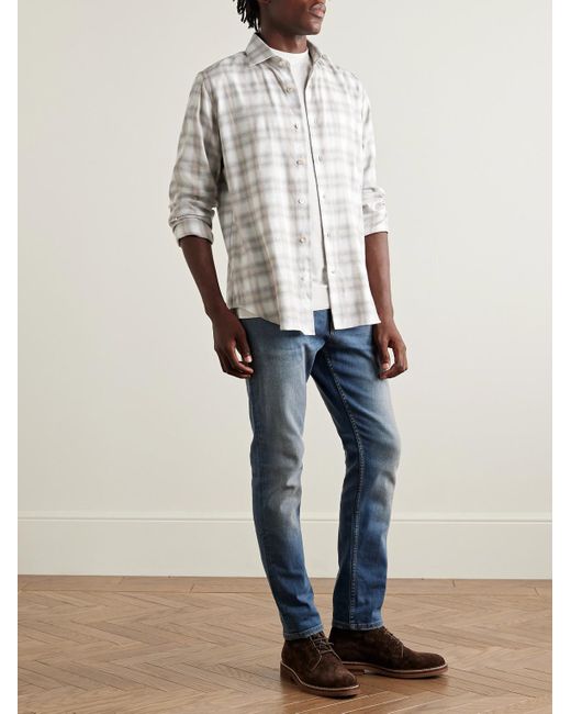 Eleventy White Checked Cotton And Lyocell-Blend Flannel Shirt for men