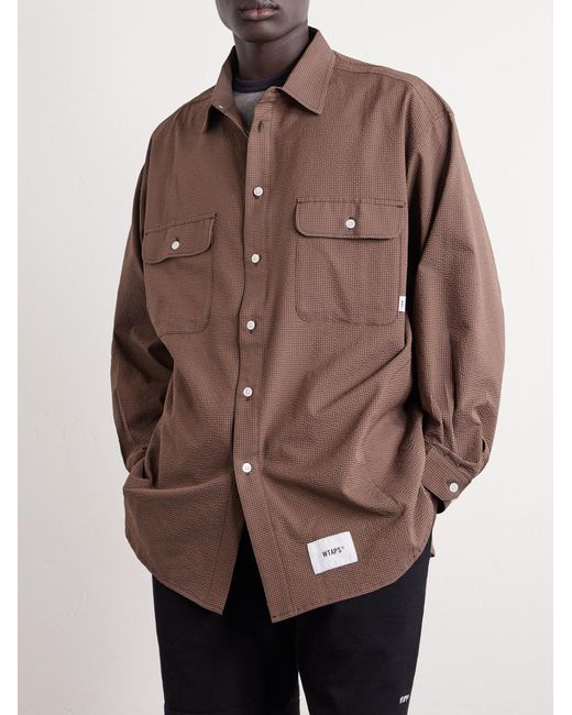 (w)taps Brown Checked Seersucker Shirt for men
