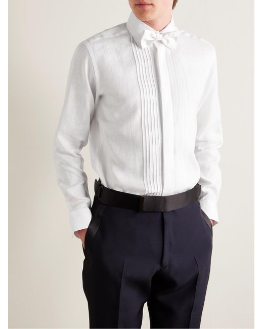 Favourbrook White Pintucked Linen Tuxedo Shirt for men