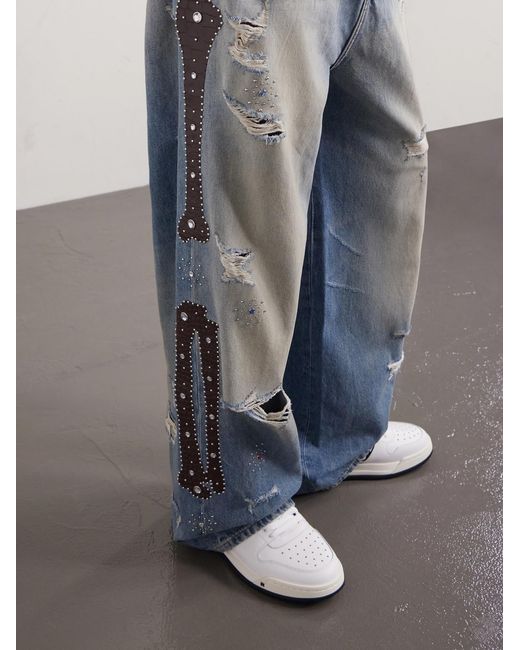 Amiri Blue Straight-leg Distressed Studded Jeans for men