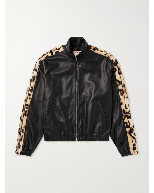 Leopard-Print Faux Fur-Trimmed Leather Jacket di Marni in Black da Uomo