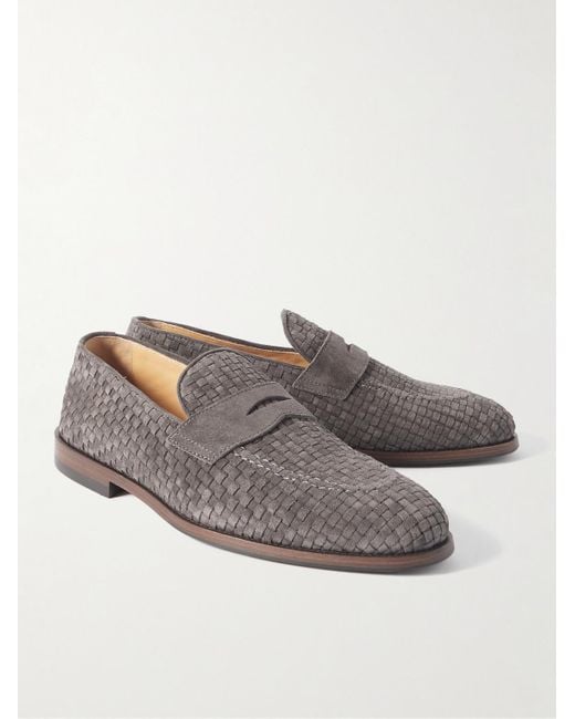 Brunello Cucinelli Gray Woven Suede Penny Loafers for men