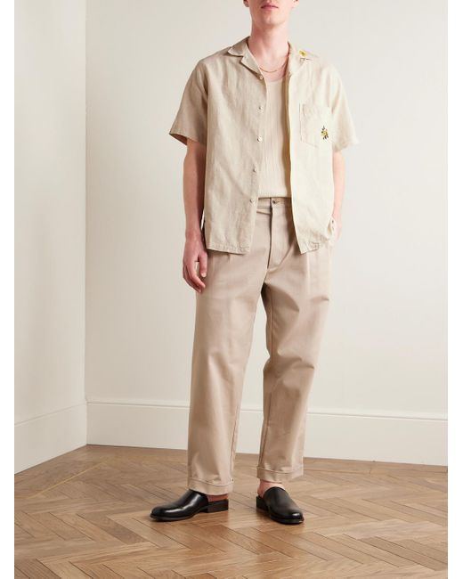 Camicia in misto lino e cotone con colletto convertibile e ricami Spring 2 di Portuguese Flannel in Natural da Uomo