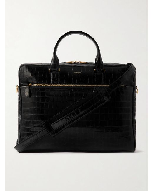 Tom Ford Black Croc-Effect Leather Briefcase for men