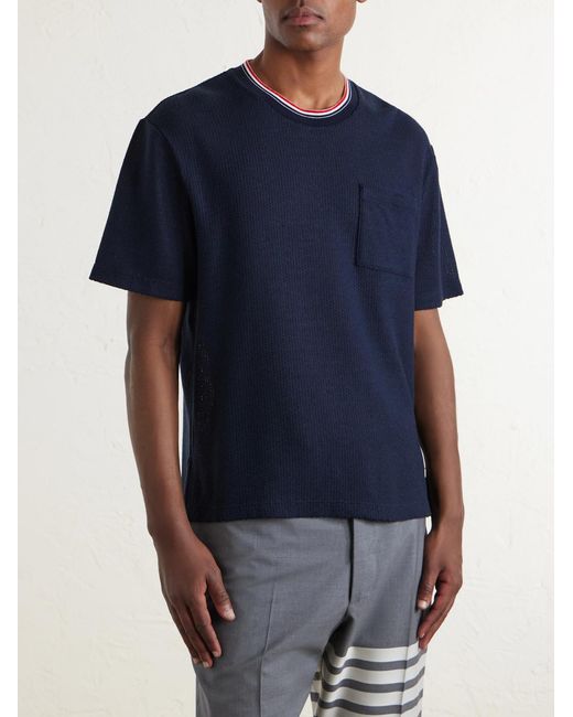 Thom Browne Blue Pointelle-Knit Cotton And Linen-Blend T-Shirt for men