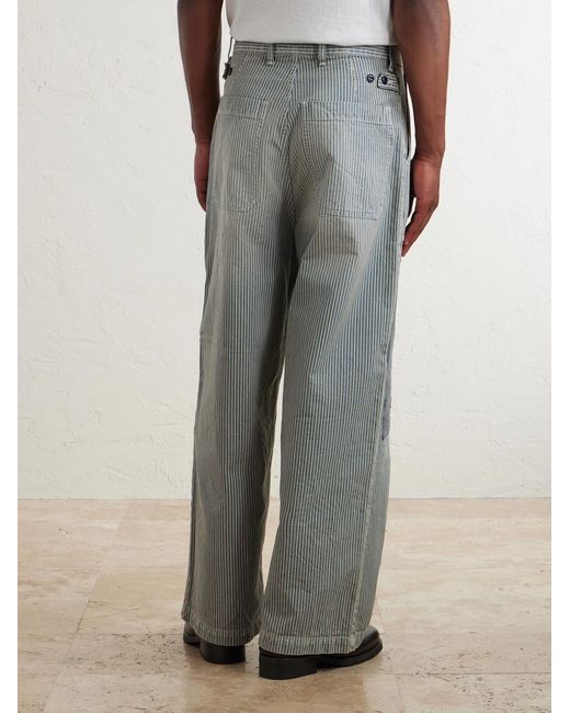Kapital Blue Liberty Hicoree Fatigue Wide-Leg Striped Distressed Patchwork Cotton-Twill Trousers for men