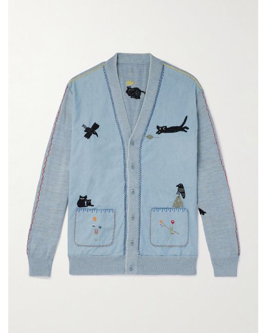 Kapital Blue Embroidered Chambray And Cotton Cardigan for men