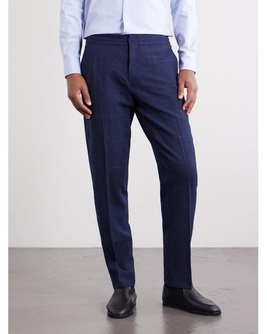 Mr P. Blue Slim-Fit Tapered Checked Wool-Blend Suit Trousers for men