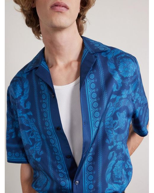 Versace Blue Camp-Collar Printed Silk-Twill Shirt for men