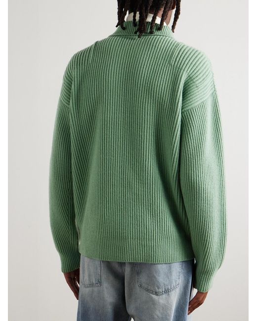 Jil Sander Green Ribbed Wool Zip-up Cardigan for men