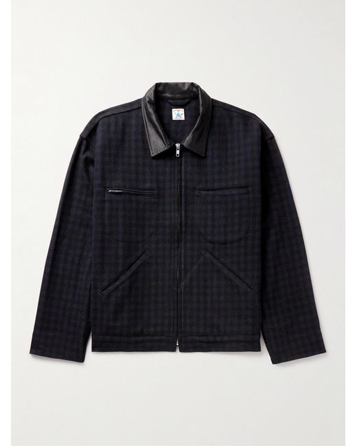 Randy's Garments Blue Cotton-Corduroy Trimmed Checked Melton Wool Bomber Jacket for men