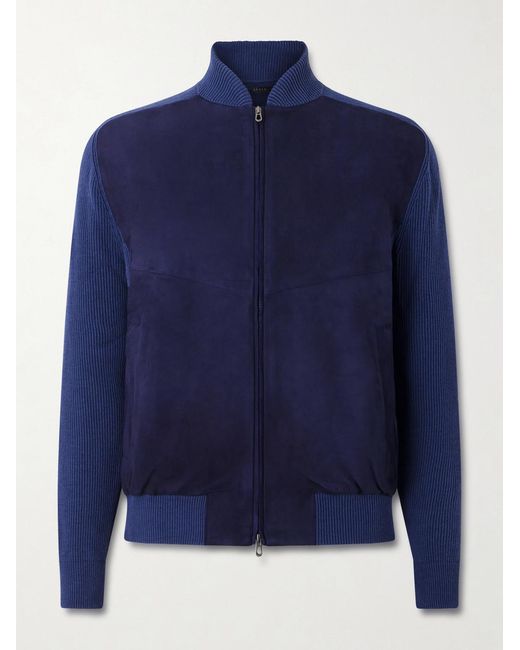 Sease Blue Suede And Ribbed Cotton And Cashmere-blend Bomber Jacket for men