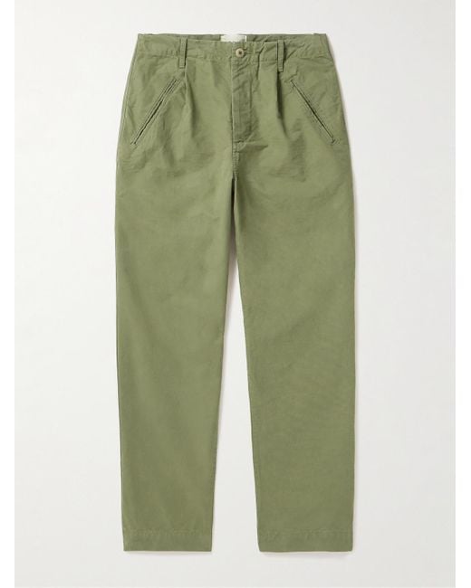 Folk Green Assembly Straight-leg Pleated Cotton-twill Trousers for men
