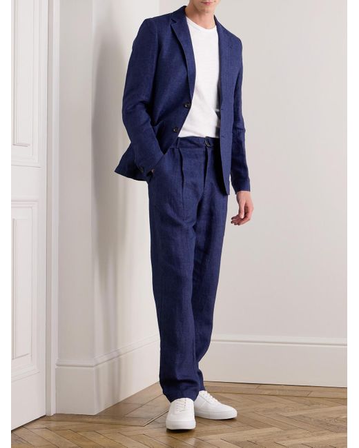 Oliver Spencer Blue Tapered Belted Linen Trousers for men