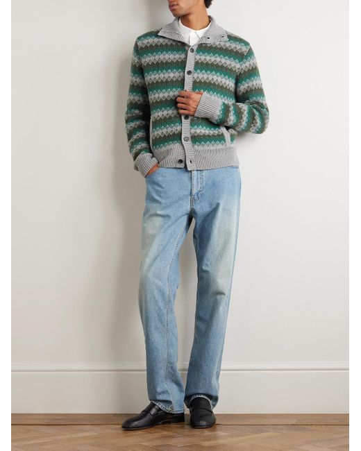 Auralee Green Jacquard-Knit Cashmere And Wool-Blend Cardigan for men