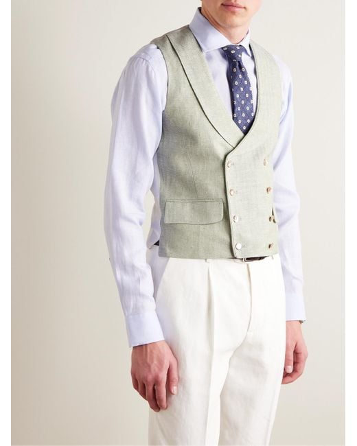 Favourbrook Green Shawl-collar Double-breasted Herringbone Linen And Silk-blend And Satin Waistcoat for men