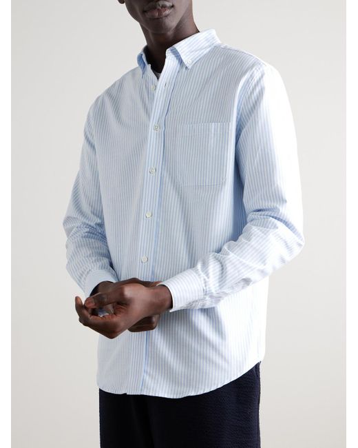 Portuguese Flannel Blue Belavista Button-Down Collar Striped Cotton Oxford Shirt for men