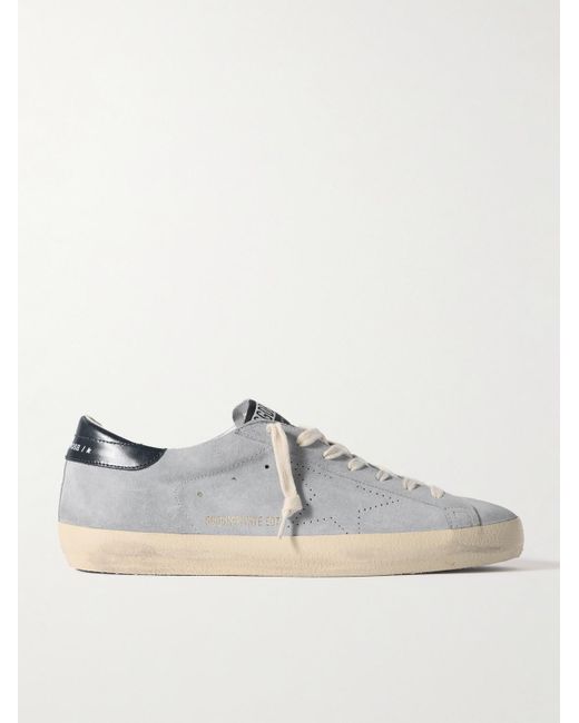Golden Goose Deluxe Brand Gray Super-Star Distressed Patent Leather-Trimmed Suede Sneakers for men