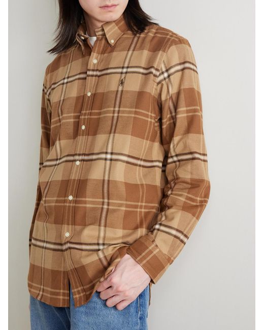 Polo Ralph Lauren Brown Button-Down Collar Logo-Embroidered Checked Cotton-Blend Twill Shirt for men