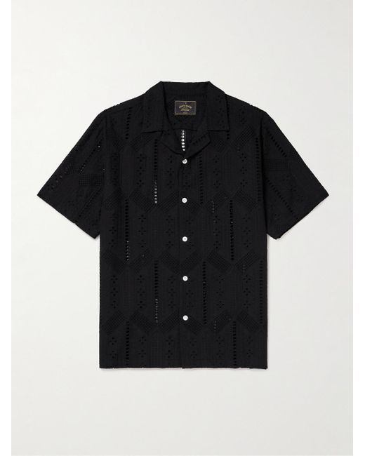 Portuguese Flannel Black Camp-collar Broderie Anglaise Cotton Shirt for men