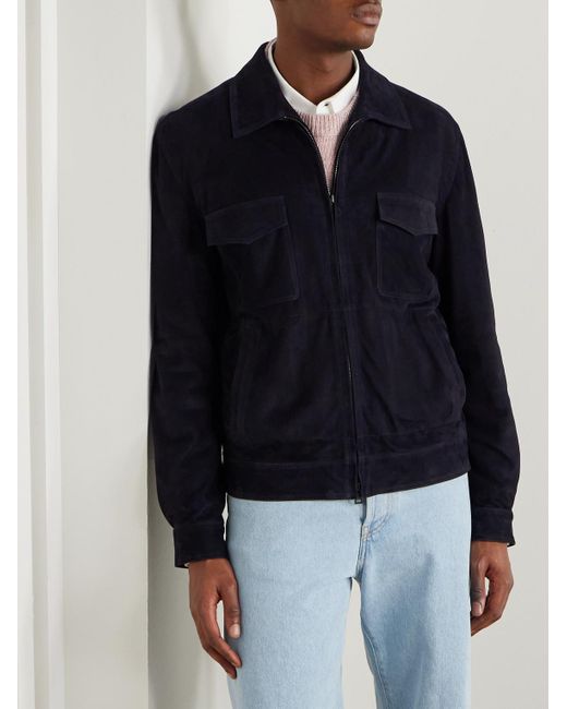Thom Sweeney Blue Suede Bomber Jacket for men