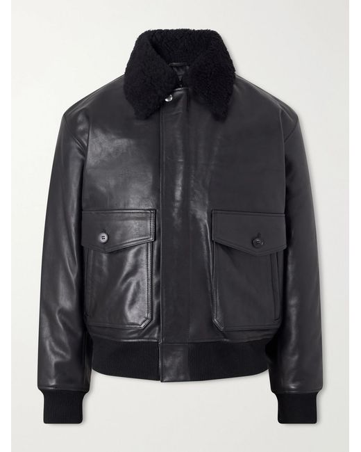 A.P.C. Black Charles Wool-Fleece Trimmed Leather Jacket for men