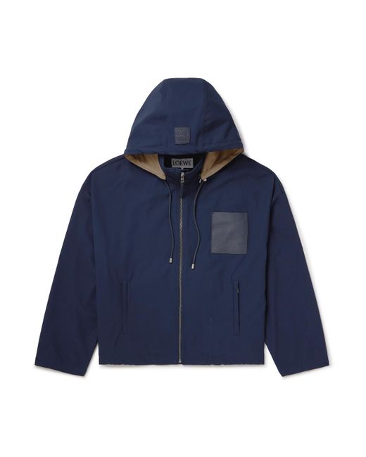 Loewe Blue Logo-Debossed Leather-Trimmed Cotton-Twill Hooded Jacket for men