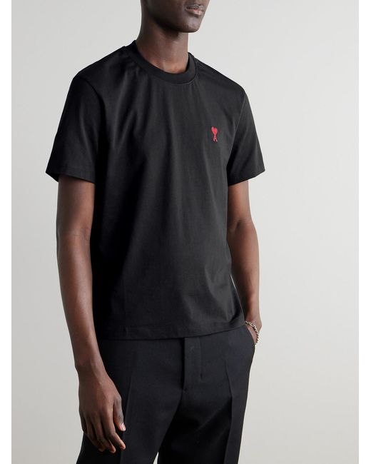 AMI Black Logo-Embroidered Stretch Organic Cotton-Jersey T-Shirt for men