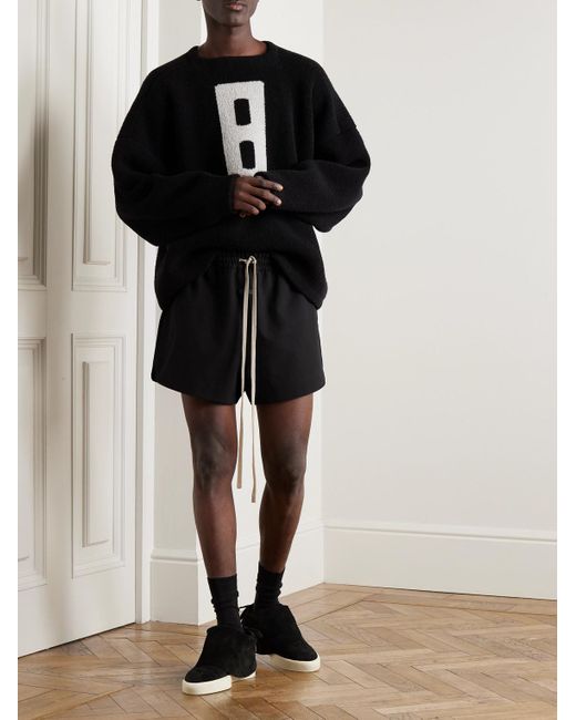 Shorts a gamba larga in crêpe di lana vergine con coulisse e logo applicato di Fear Of God in Black da Uomo