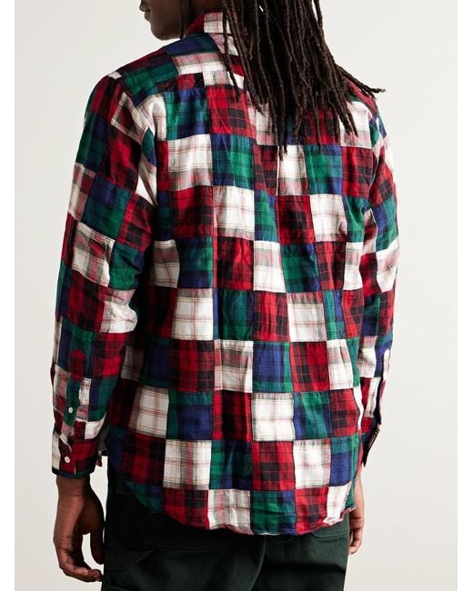 Beams Plus Red Button-Down Collar Patchworked Checked Wool-Madras Shirt for men