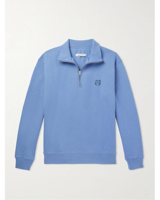 Felpa in jersey di cotone con logo applicato e mezza zip di Maison Kitsuné in Blue da Uomo
