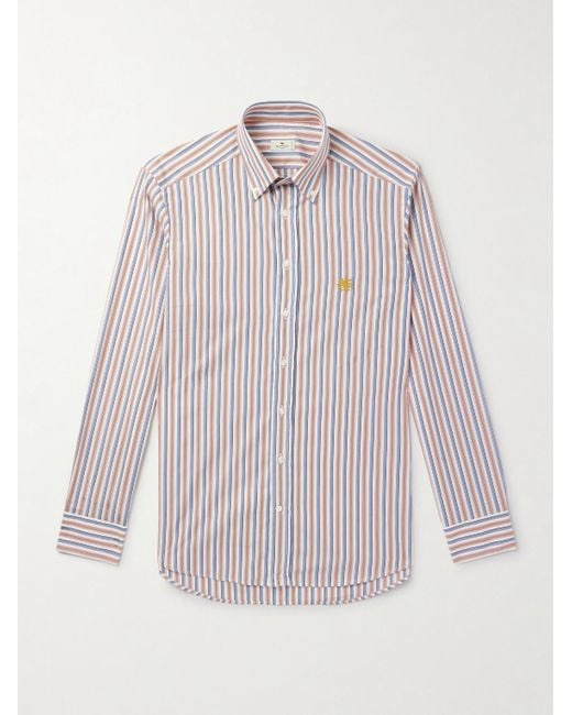 Etro White Roma Slim-Fit Button Down-Collar Striped Linen-Poplin Shirt for men