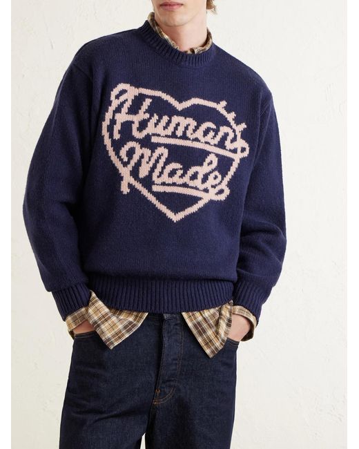 Logo-Intarsia Wool-Blend Sweater di Human Made in Blue da Uomo