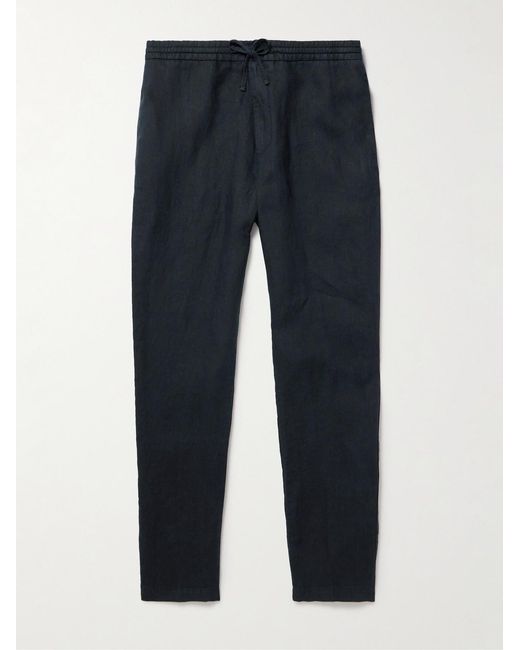 Canali Blue Tapered Linen Drawstring Trousers for men