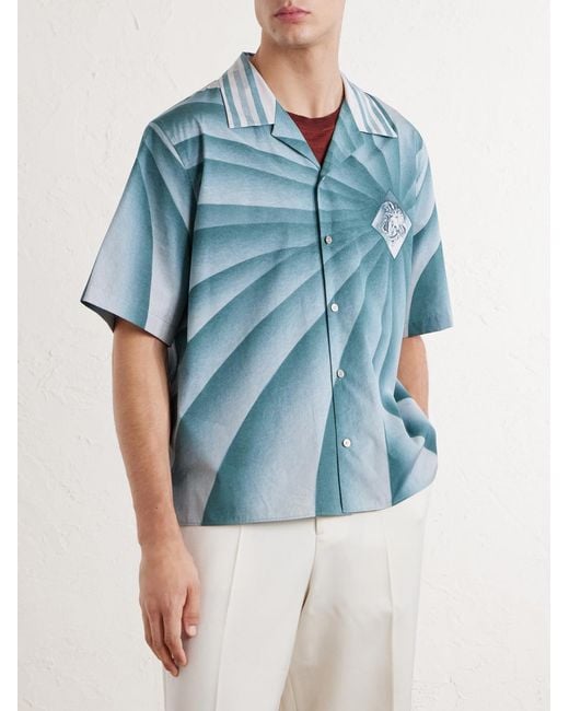 Versace Blue Camp-Collar Cotton-Poplin Shirt for men