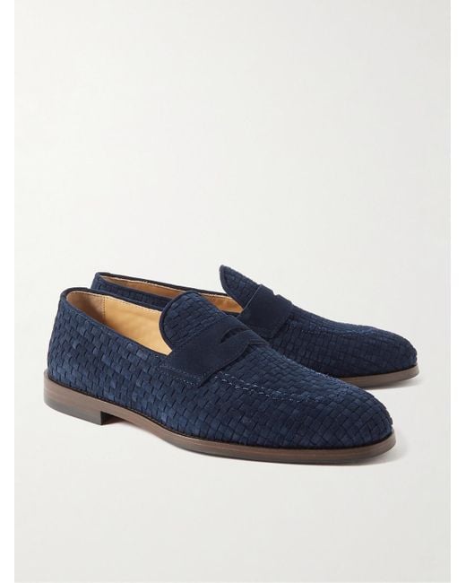 Brunello Cucinelli Blue Woven Suede Penny Loafers for men
