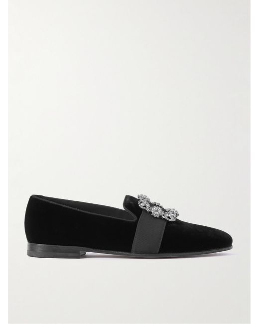 Manolo Blahnik Black Carlton Crystal-Embellished Grosgrain-Trimmed Velvet Loafers for men