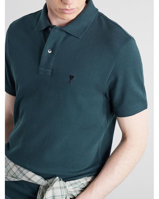 AMI Green Logo-Embroidered Cotton-Piqué Polo Shirt for men