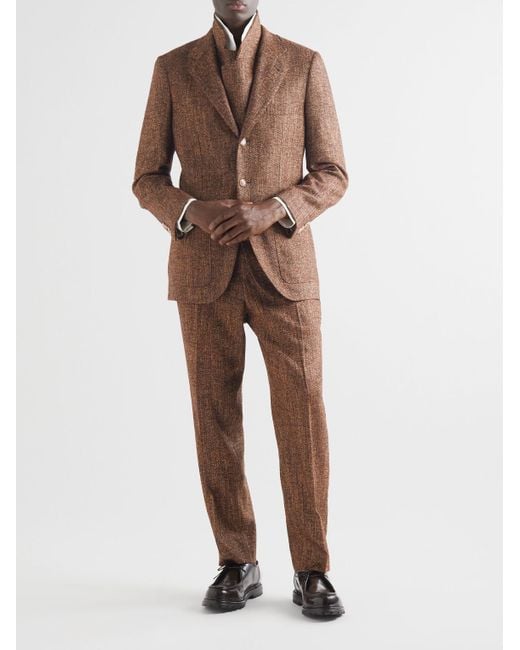 Umit Benan Brown Layered Herringbone Tweed Suit Jacket for men